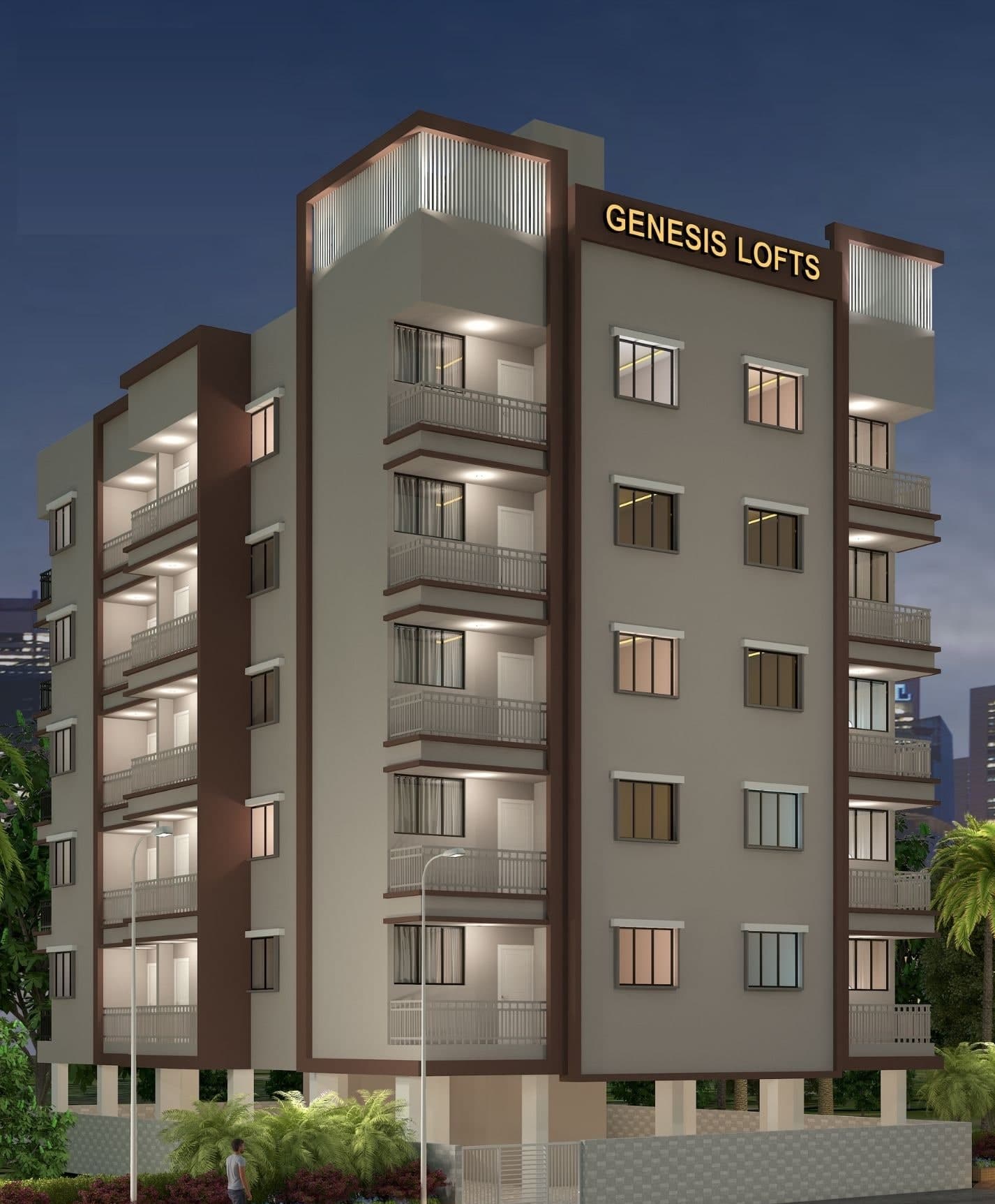 Genesis Lofts, Latur: architect's render of the building at dusk