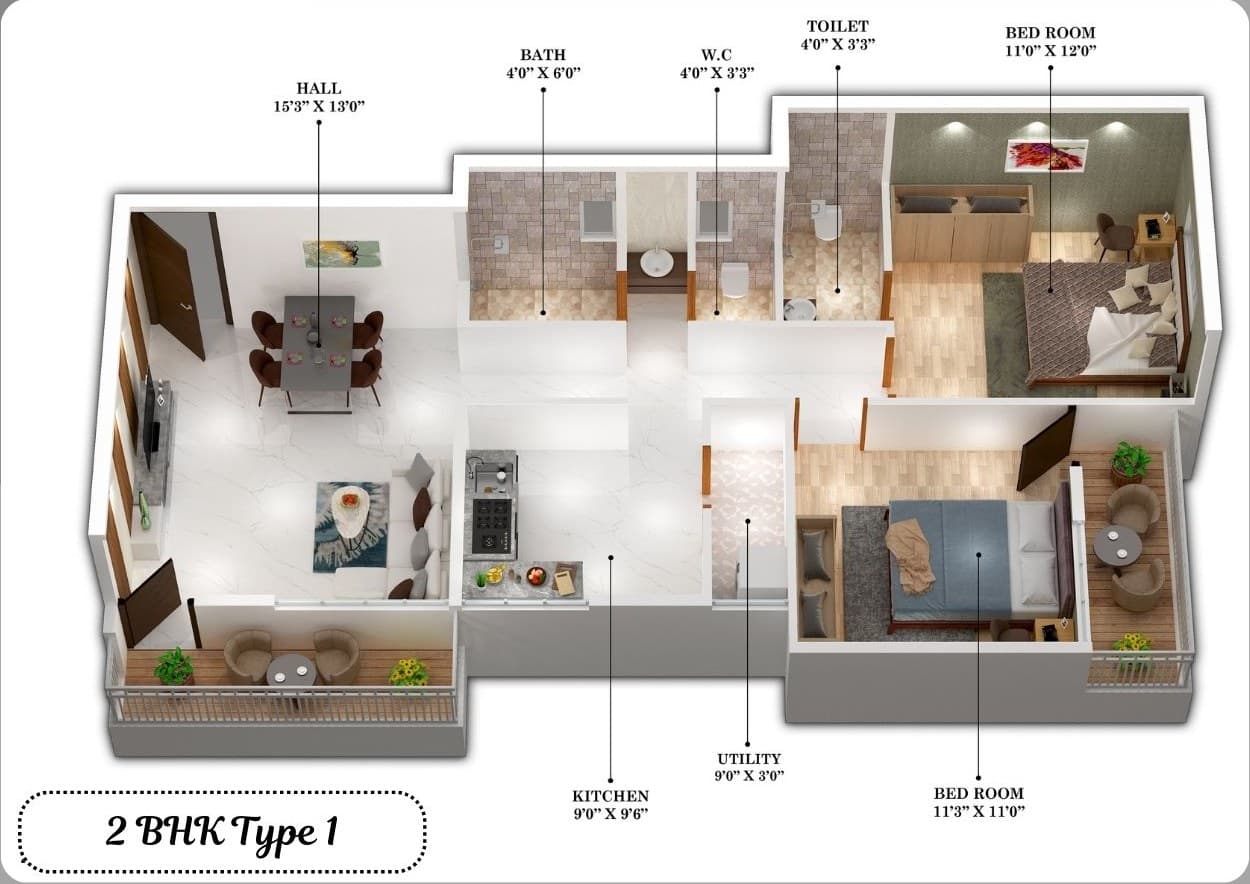2 BHK Type 1: 3D floor plan