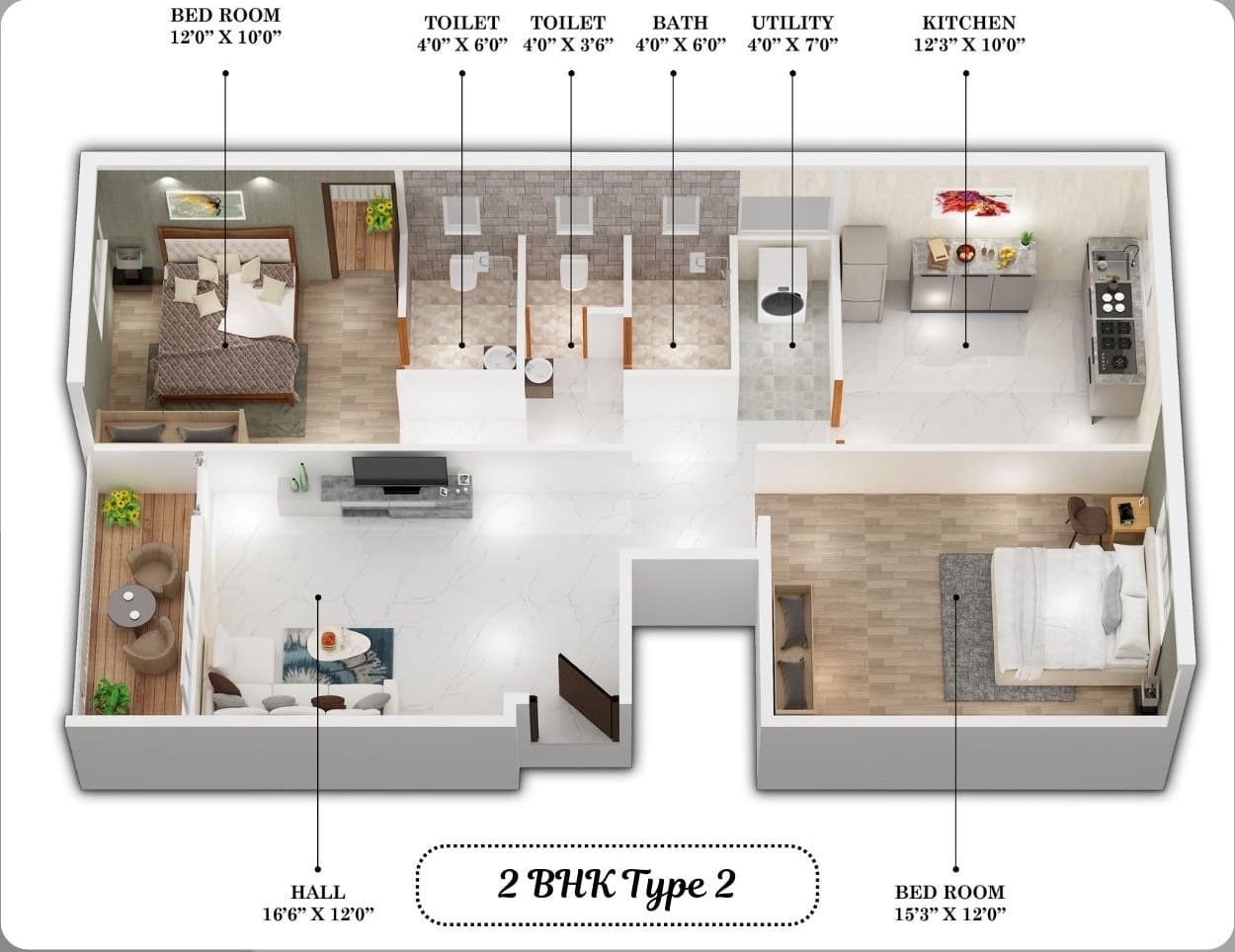 2 BHK Type 2: 3D floor plan